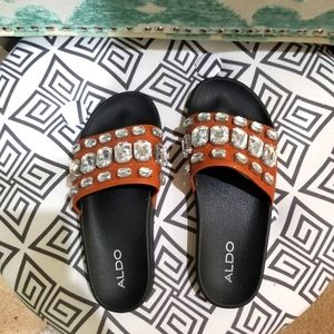 Aldo Cognac Rhinestone Slides